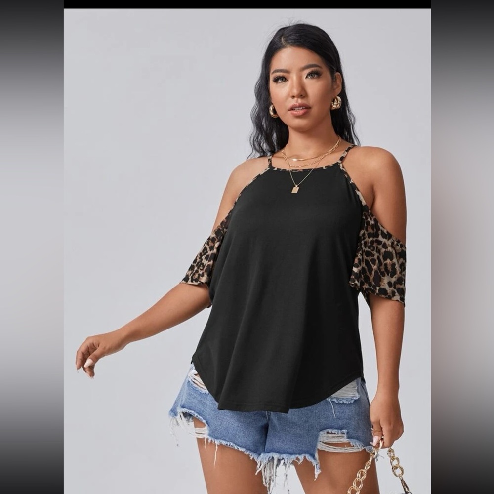 SHEIN plus leopard panel cold shoulder tee